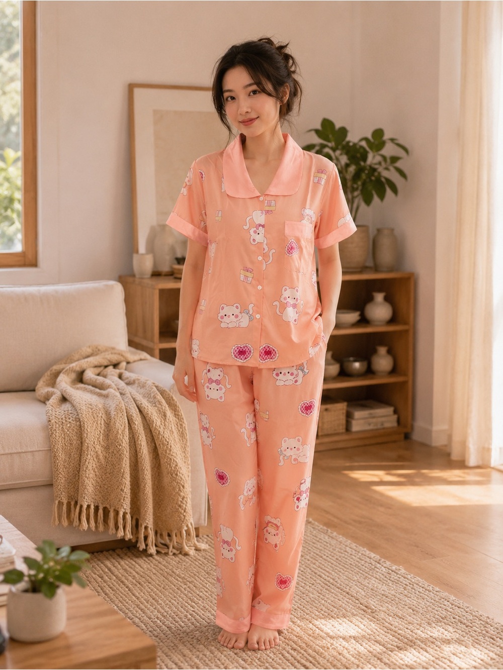 Peach Printed Short-Sleeve Pajama Set for Women